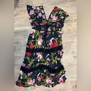 VENUS Floral Maxi Dress - navy blue background, red, green, pink. Zippered back.